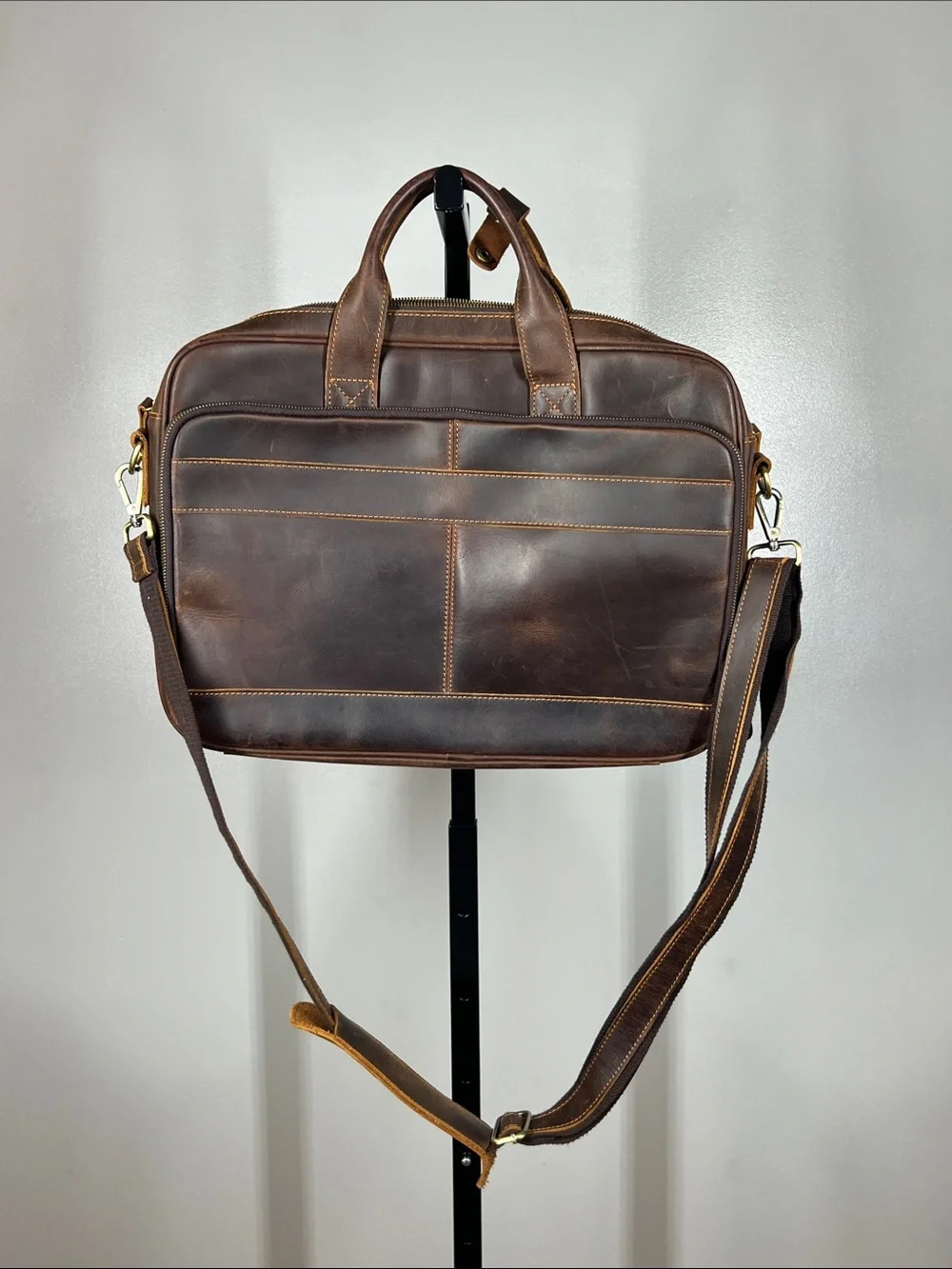 Men's Dark Brown Leather Laptop Briefcase with Shoulder Strap